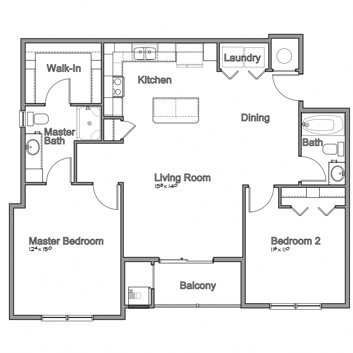 Floor plan for 2 beds, 2 baths, 1101 sqft